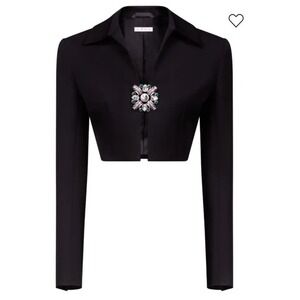 AREA Black Cropped Jacket with Jeweled Brooch